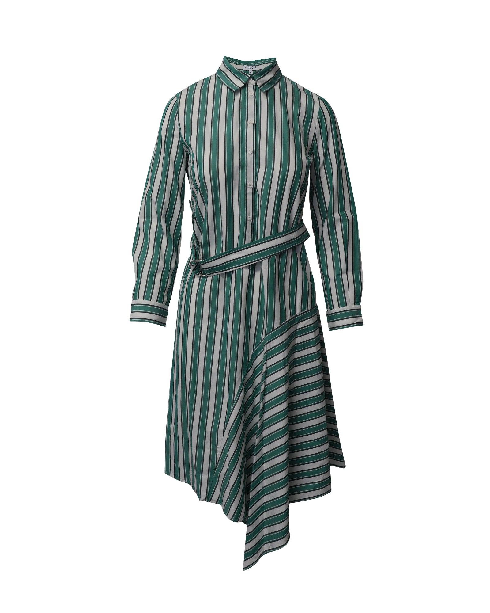 asymmetric striped shirt dress in green cotton