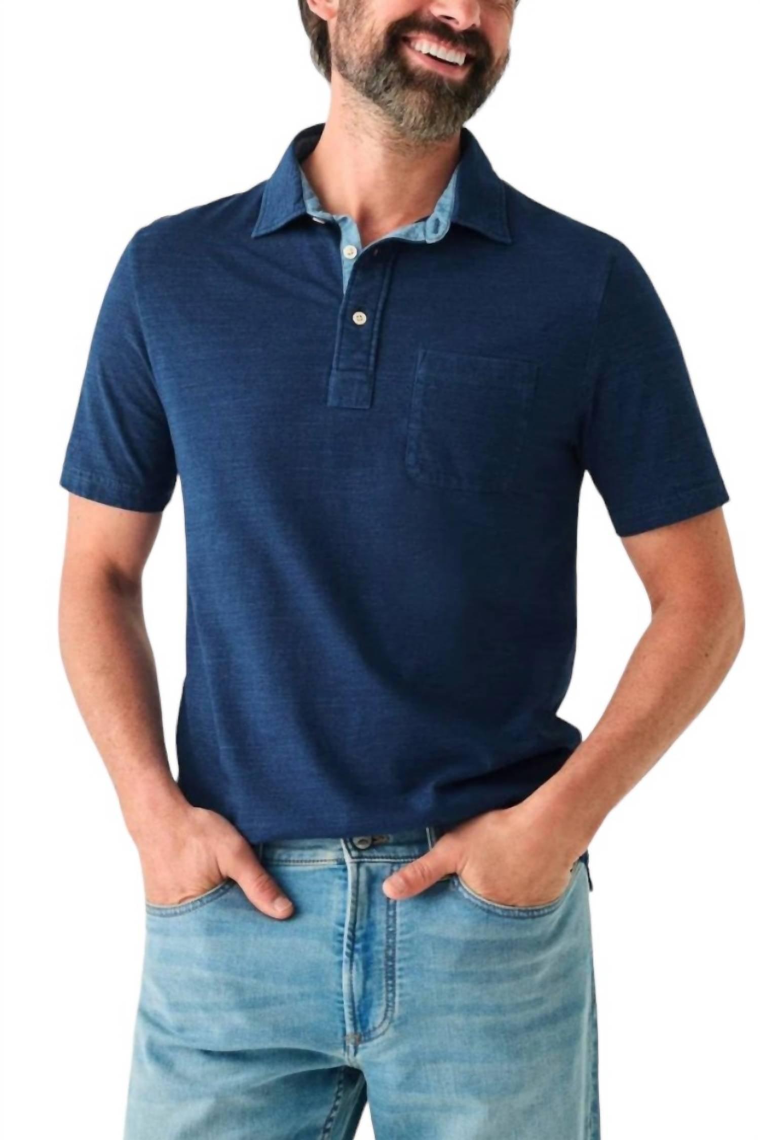 short sleeve polo in dark indigo wash