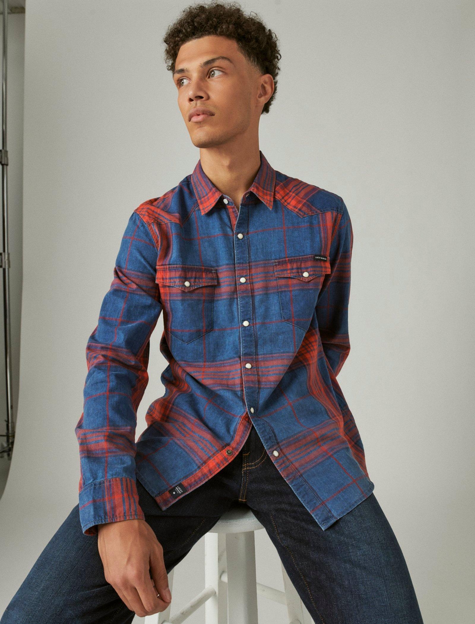 men's plaid indigo long sleeve western shirt