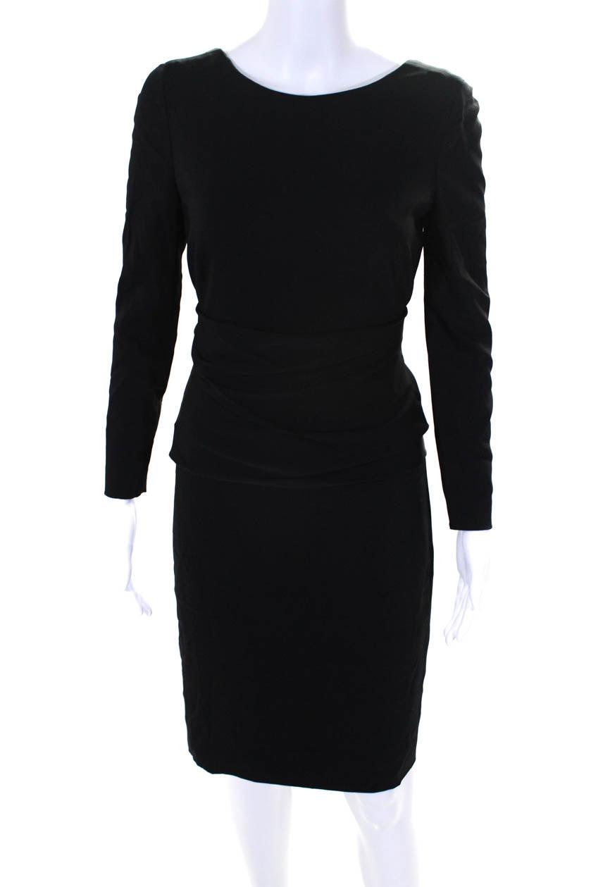 womens black crew neck drape detail long sleeve shift dress