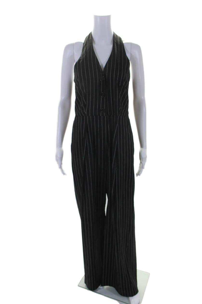 womens linen striped sleeveless buttoned straight jumpsuit black