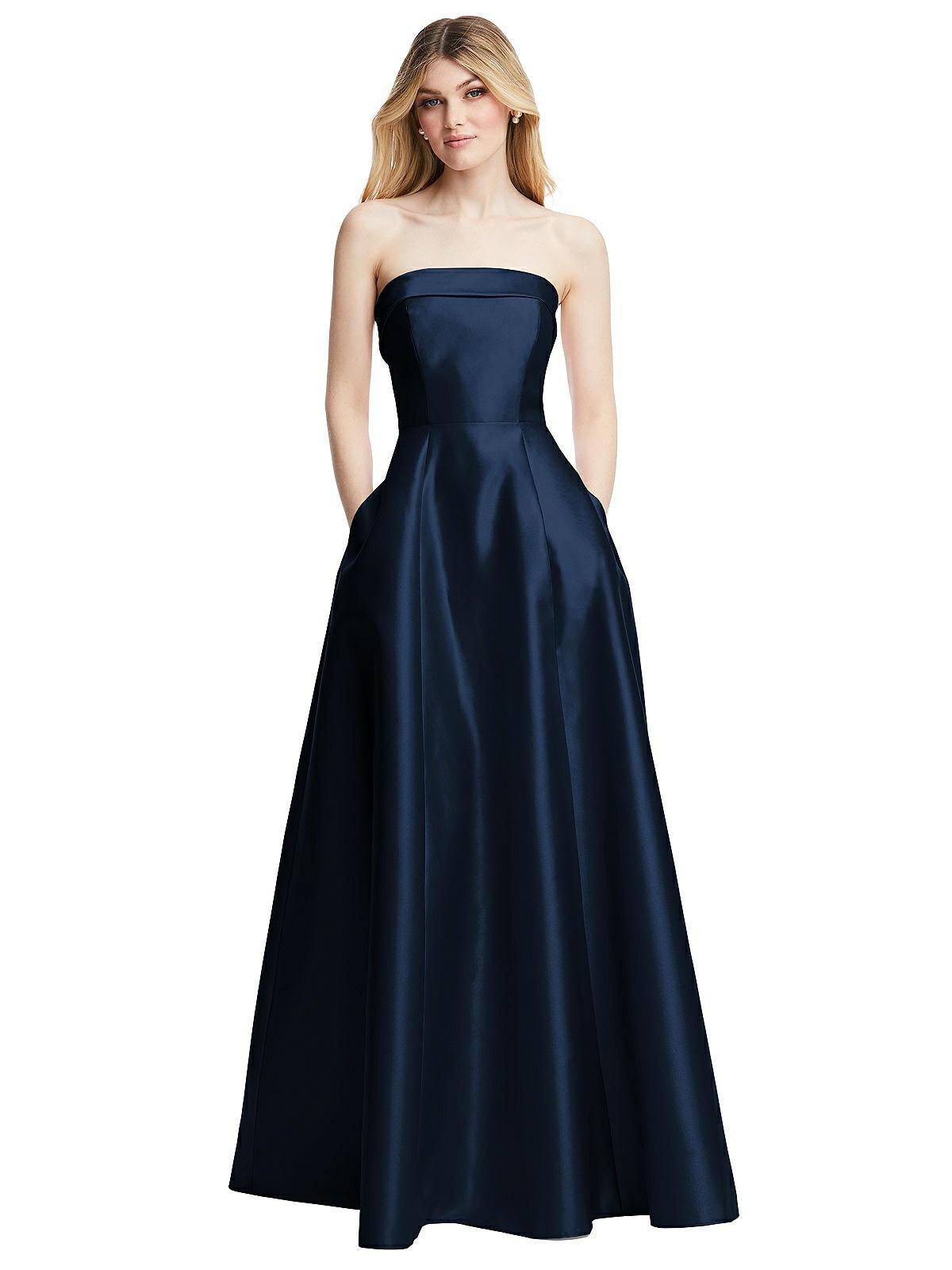 strapless bias cuff bodice satin gown with pockets