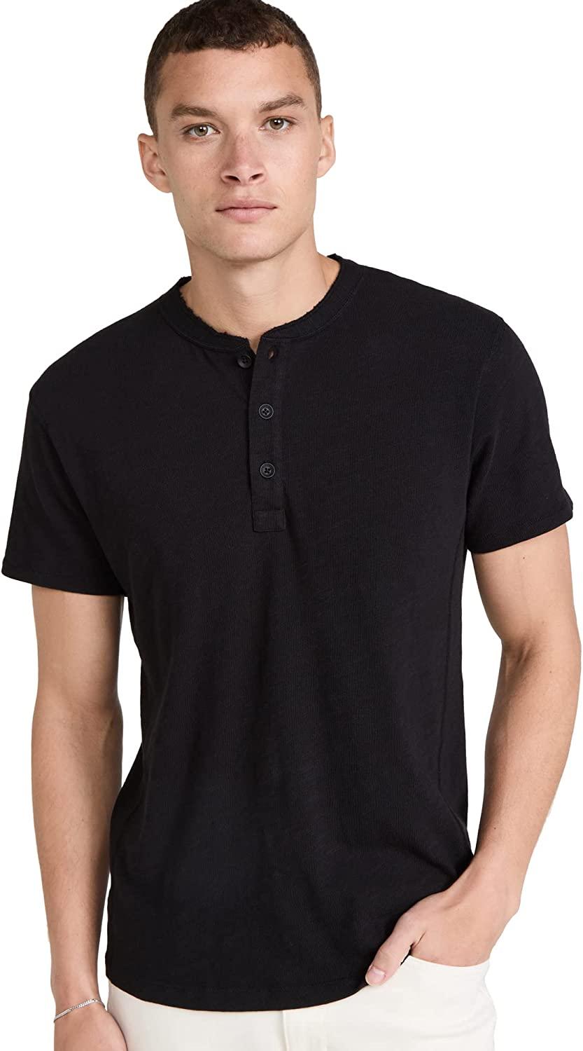 men's classic henley, jet black short sleeve cotton t-shirt