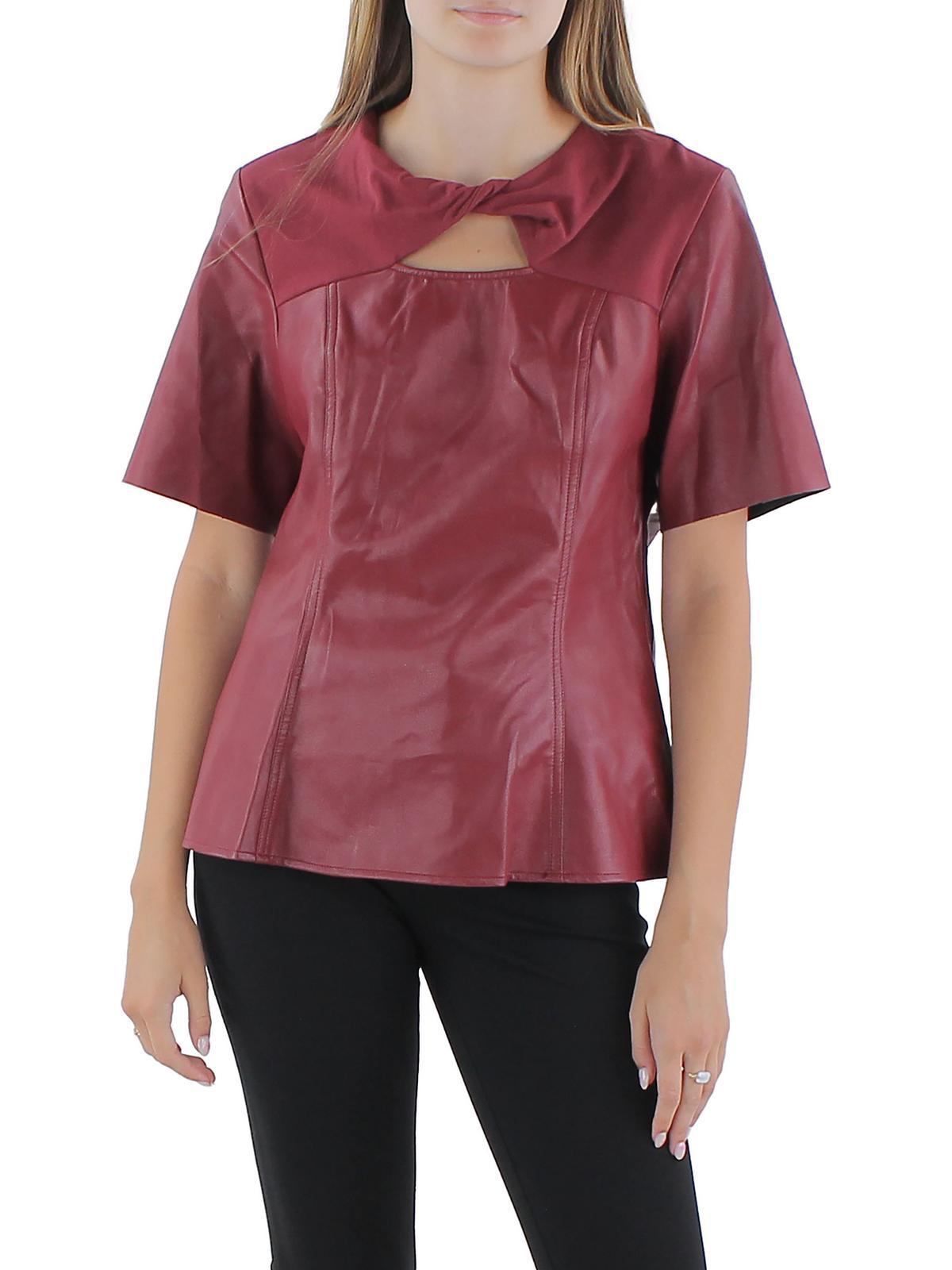 womens faux leather twist front blouse