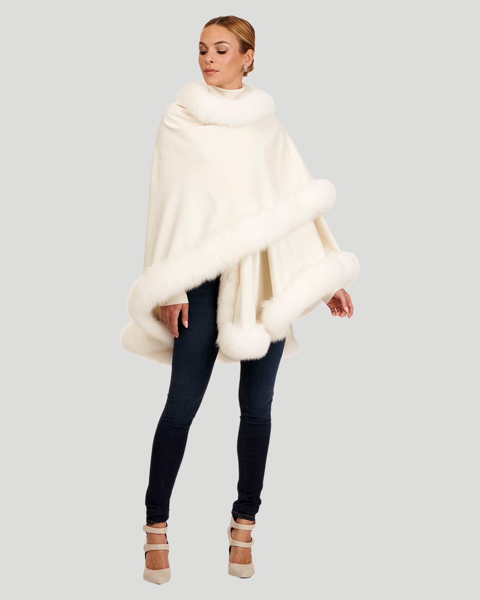 cashmere cape with shadow fox trim