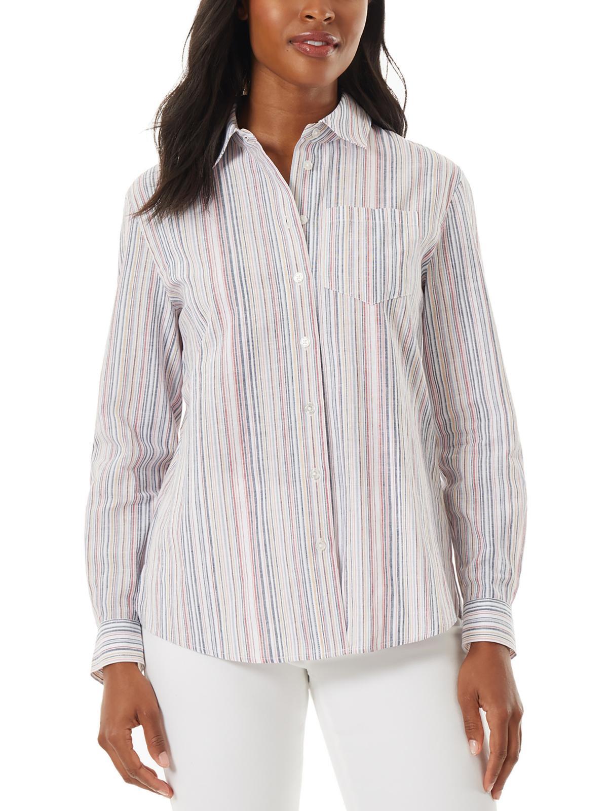 womens linen blend collared button-down top