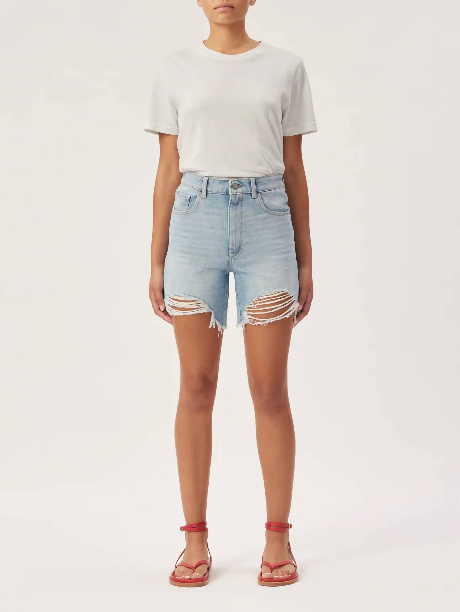 emilie ripped high waist fray hem denim shorts in fountain