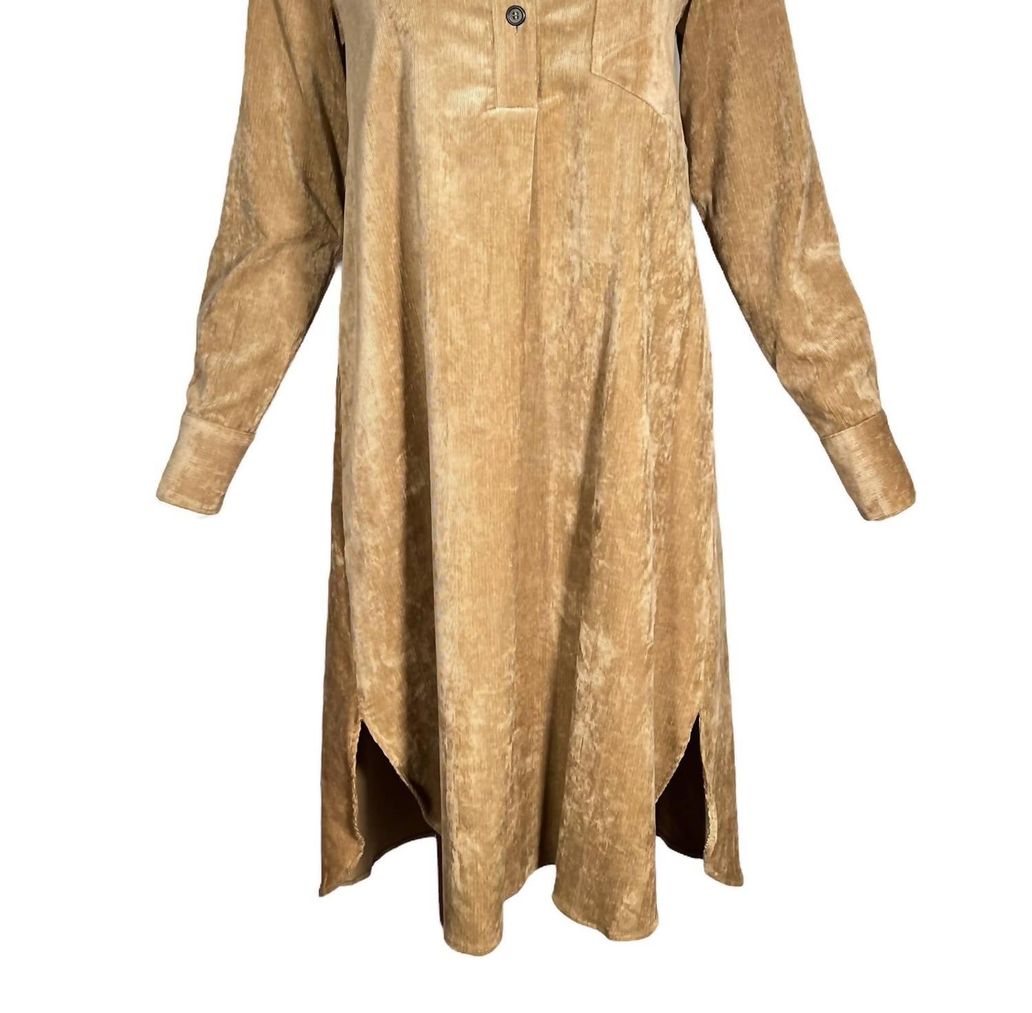 women's stretch corduroy shirt dress in camel