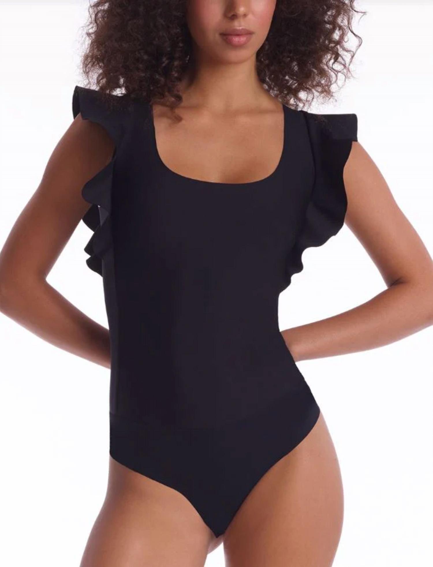 neoprene square neck ruffle bodysuit in black