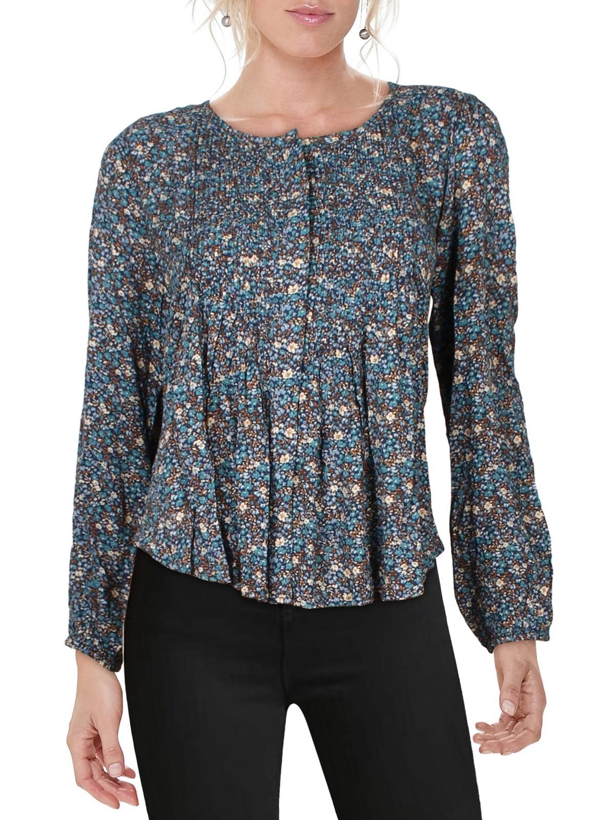 womens printed collarless button-down top