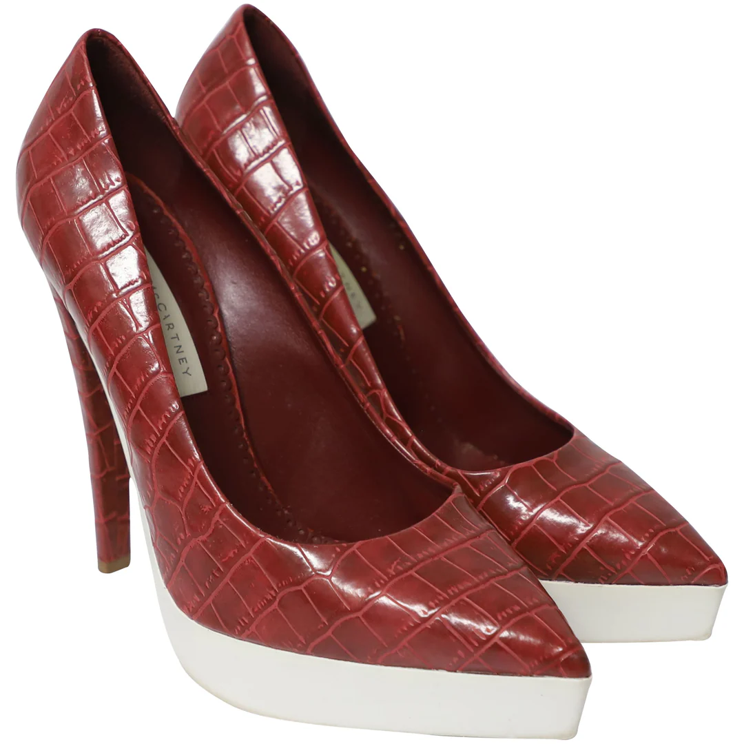 faux croc embossed platform pumps in red leather