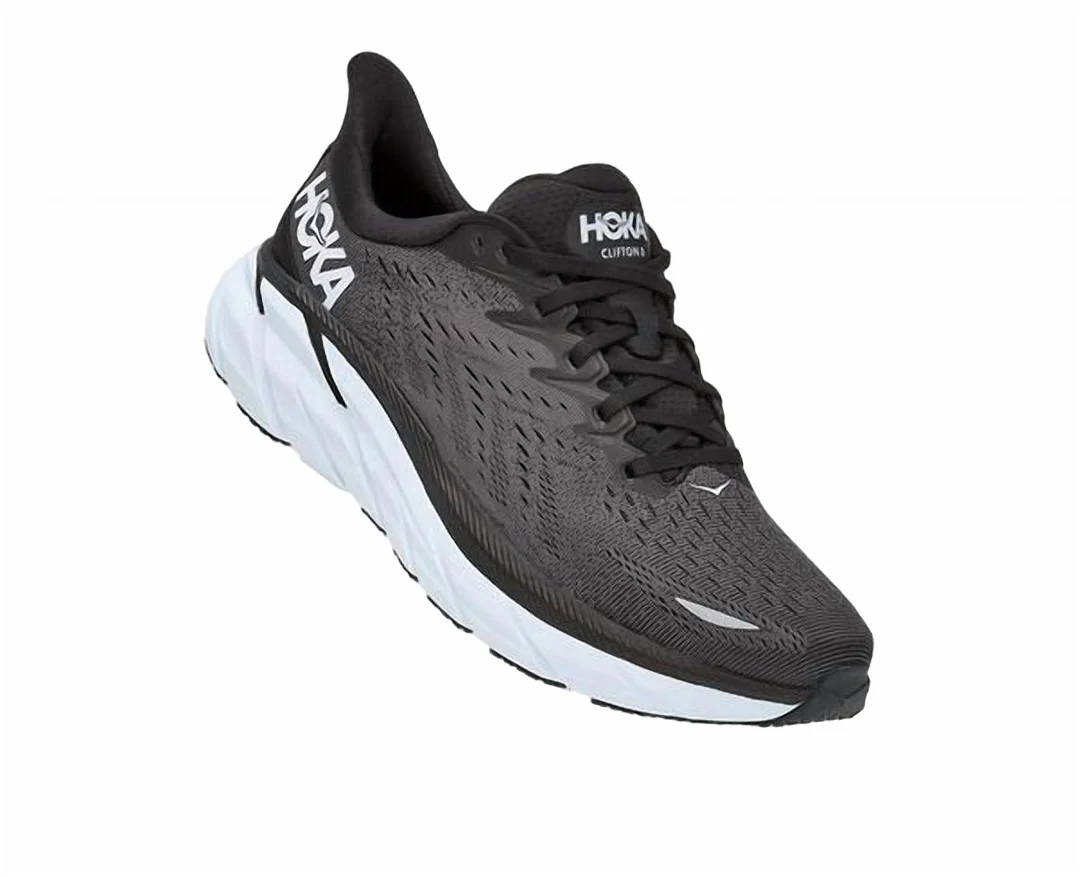 men's clifton 8 running shoes in black,white