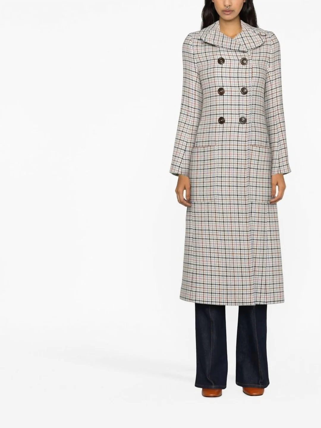 double breasted long wool coat in milk plaid