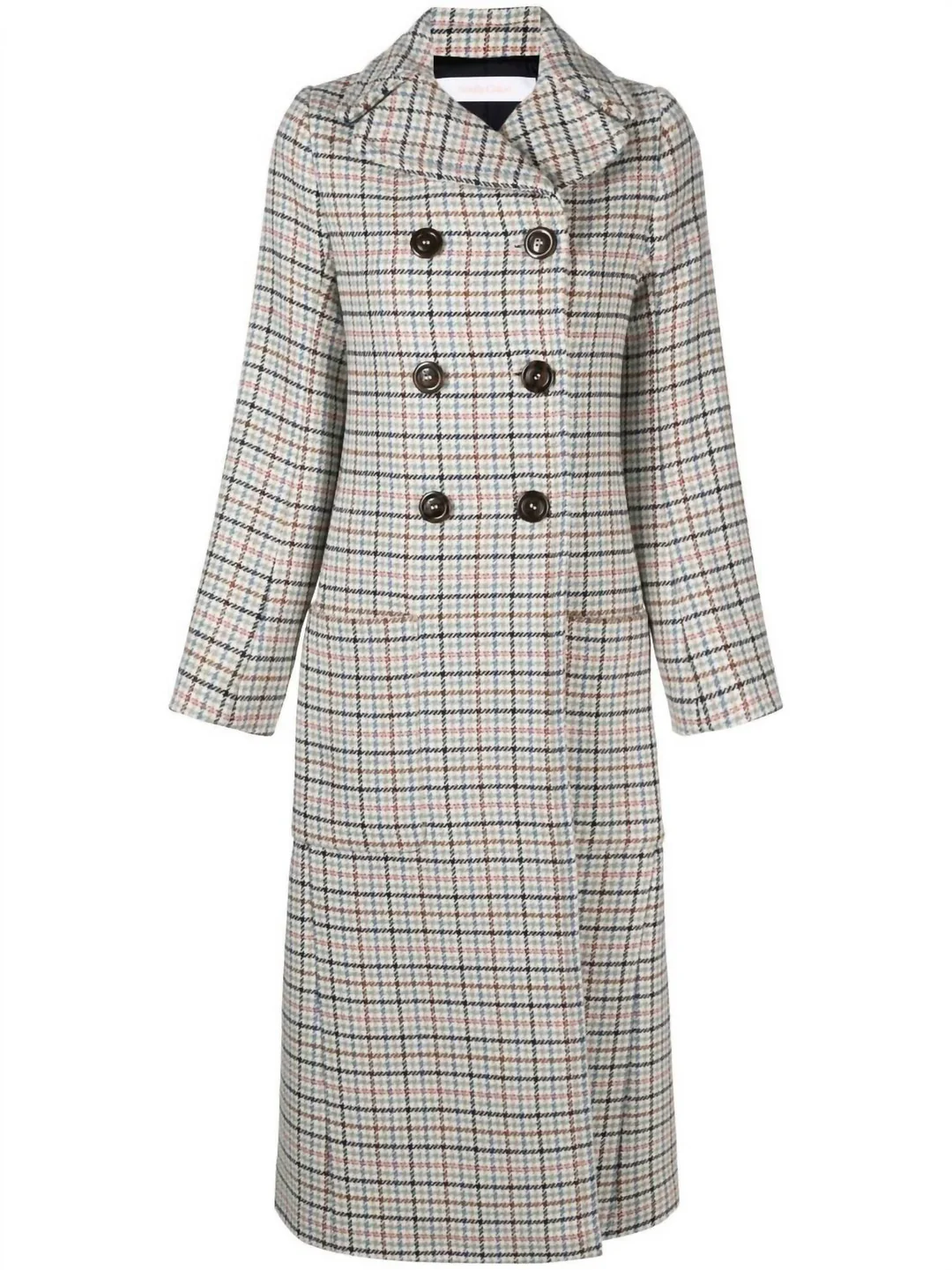 double breasted long wool coat in milk plaid