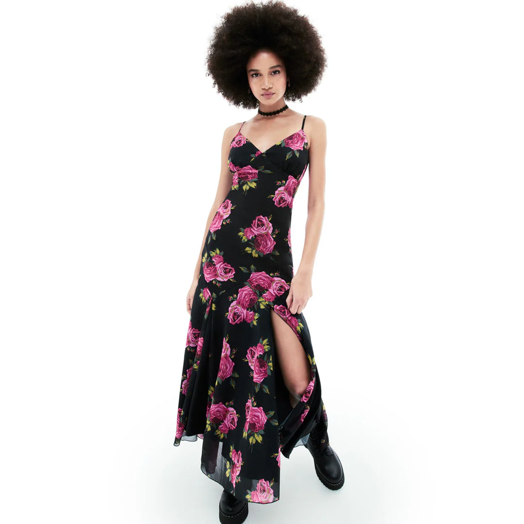 addison midi dress pink rose black multi