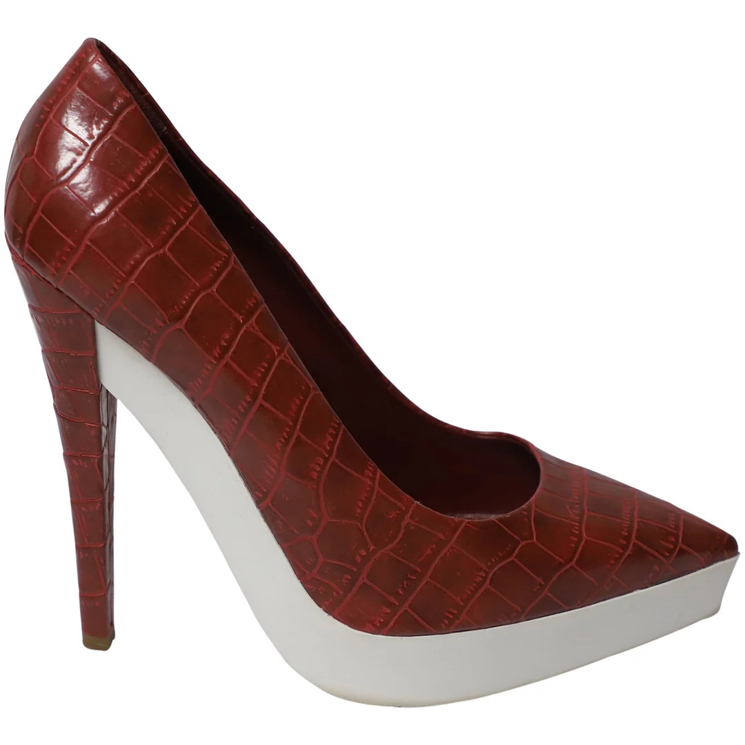 faux croc embossed platform pumps in red leather