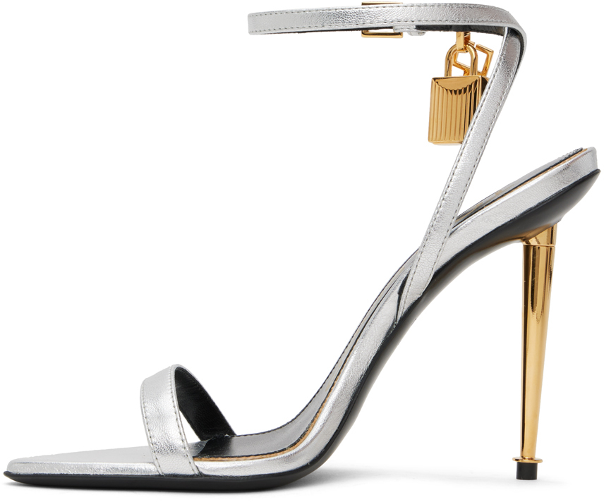 Silver Padlock Pointy Naked Heeled Sandals