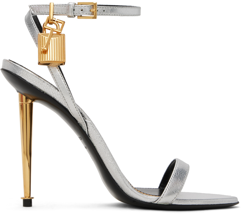 Silver Padlock Pointy Naked Heeled Sandals