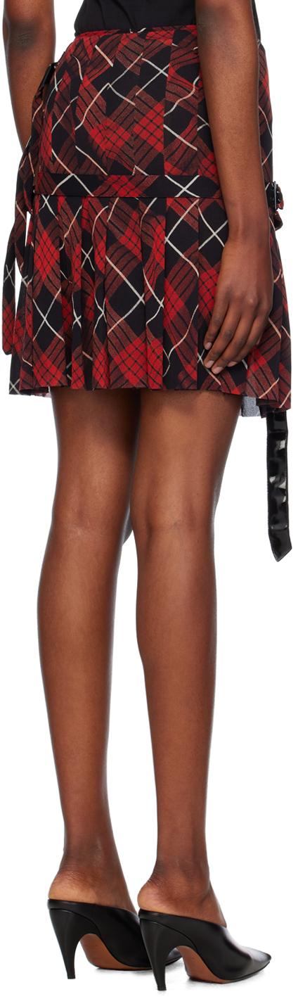 Red & Black Distorted Tartan Midi Skirt