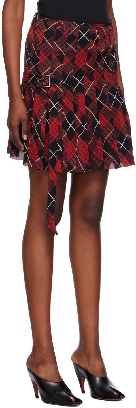 Red & Black Distorted Tartan Midi Skirt