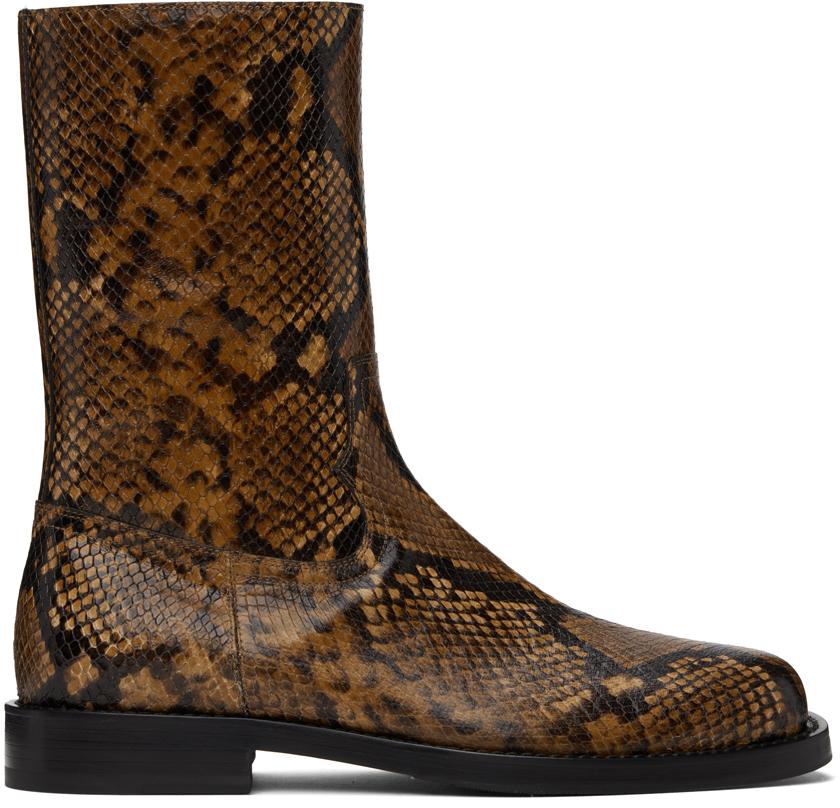 Tan Snake-Embossed Leather Boots