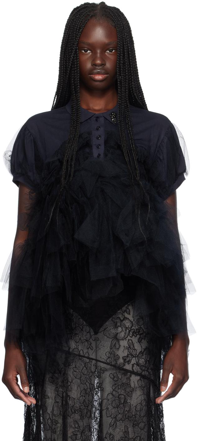 Navy Puff Sleeve Tulle Frill Polo