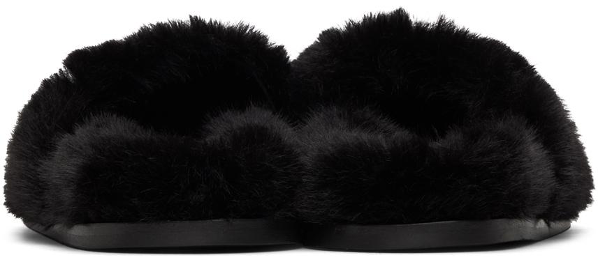 Black Embellished Furry Slippers