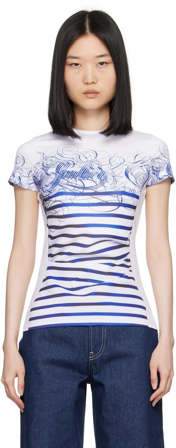 White & Blue 'The Calligraphy Marinière' T-Shirt