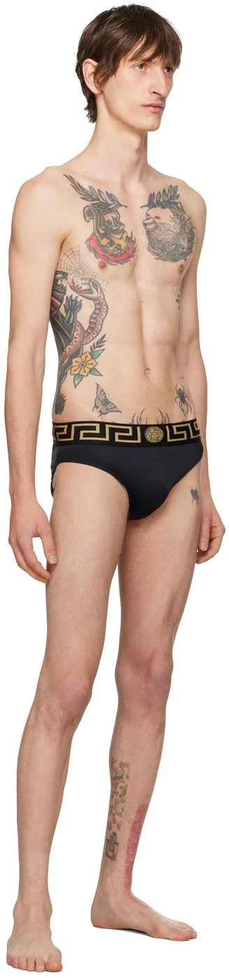 Swim Brief with Greca Motif in Black Technical Fabric Man