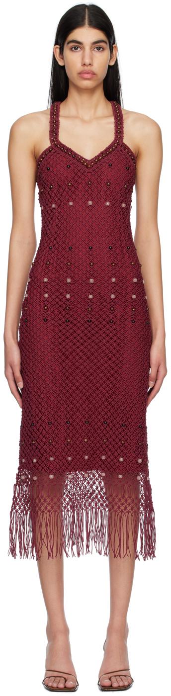 Bordeaux Hand-Embroidered Midi Dress