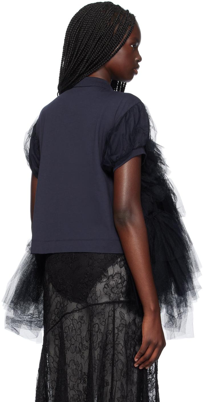 Navy Puff Sleeve Tulle Frill Polo