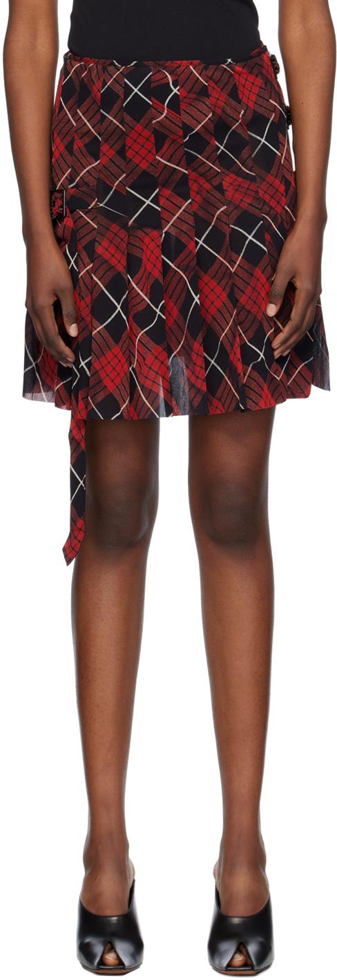 Red & Black Distorted Tartan Midi Skirt