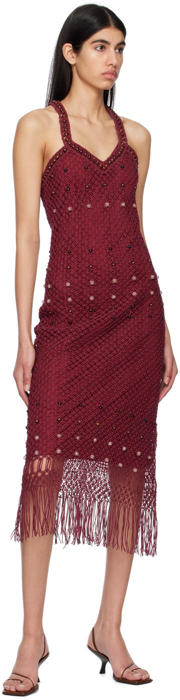 Bordeaux Hand-Embroidered Midi Dress