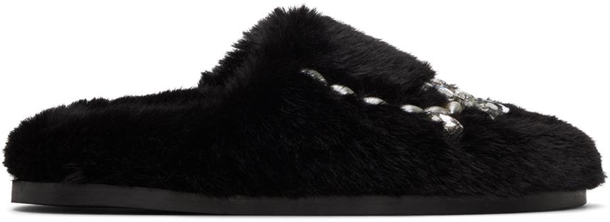 Black Embellished Furry Slippers