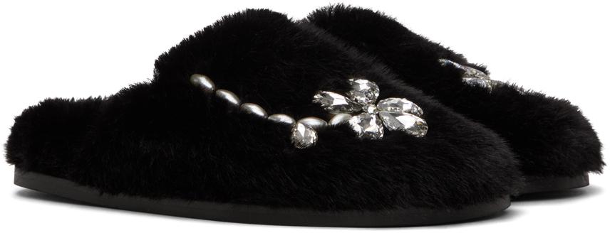 Black Embellished Furry Slippers