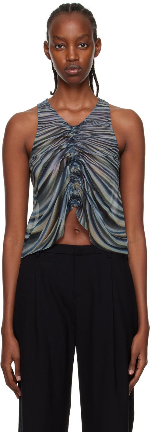 Blue Shirred Drape Tank Top