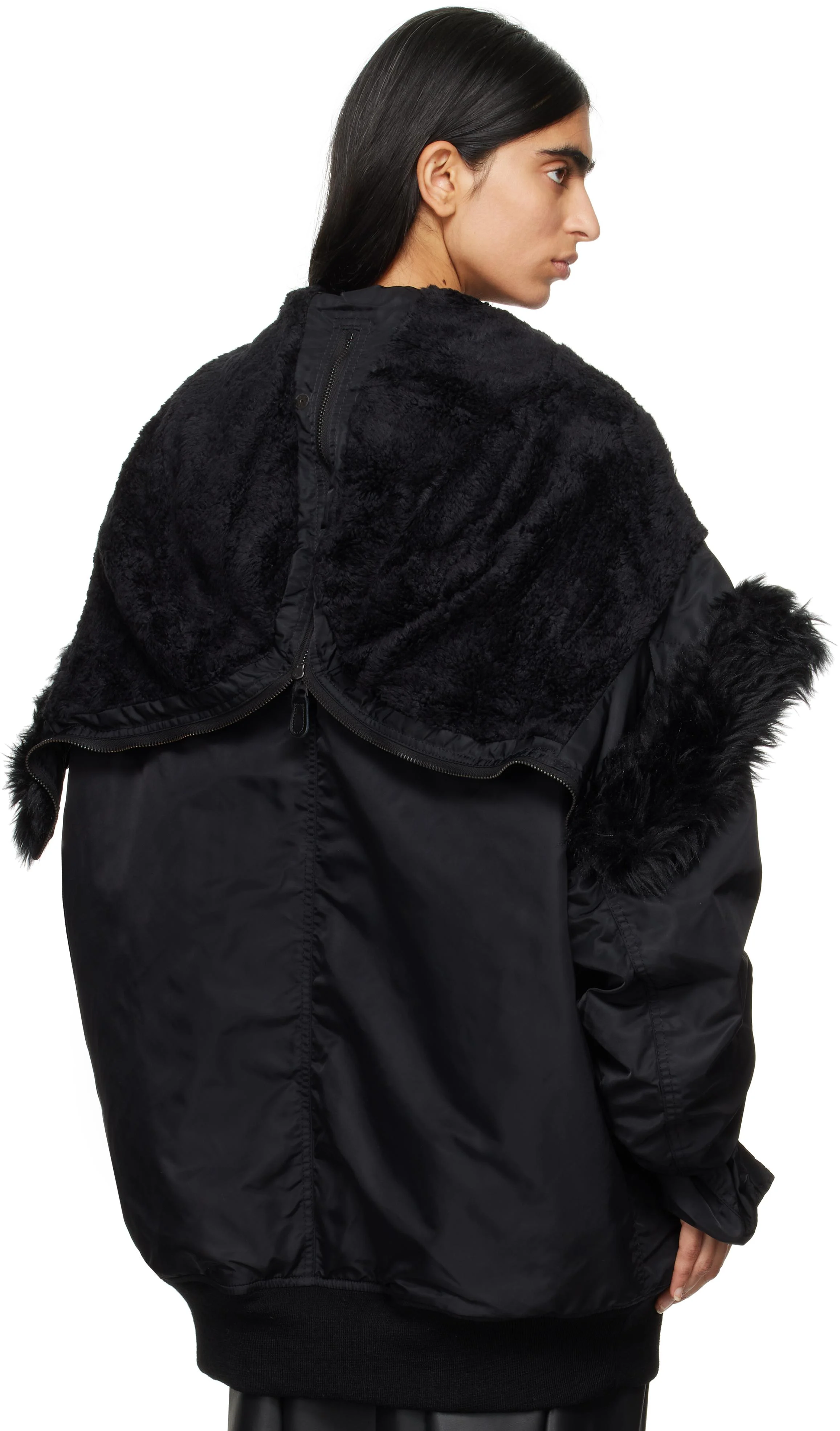 Black Nylon & Faux Fur Jacket