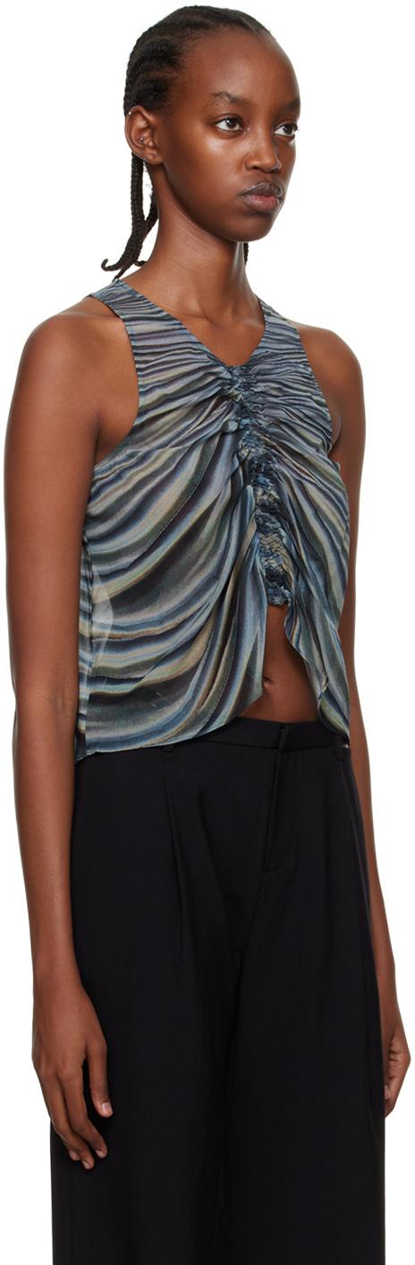 Blue Shirred Drape Tank Top