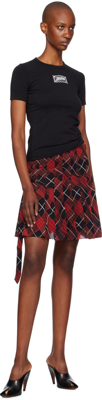 Red & Black Distorted Tartan Midi Skirt