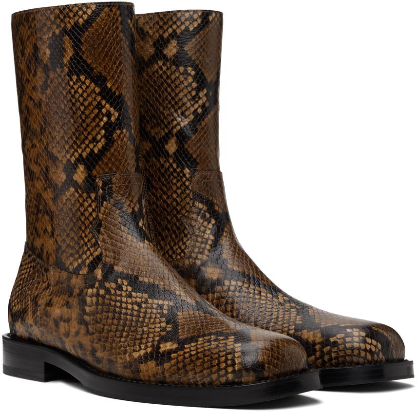 Tan Snake-Embossed Leather Boots