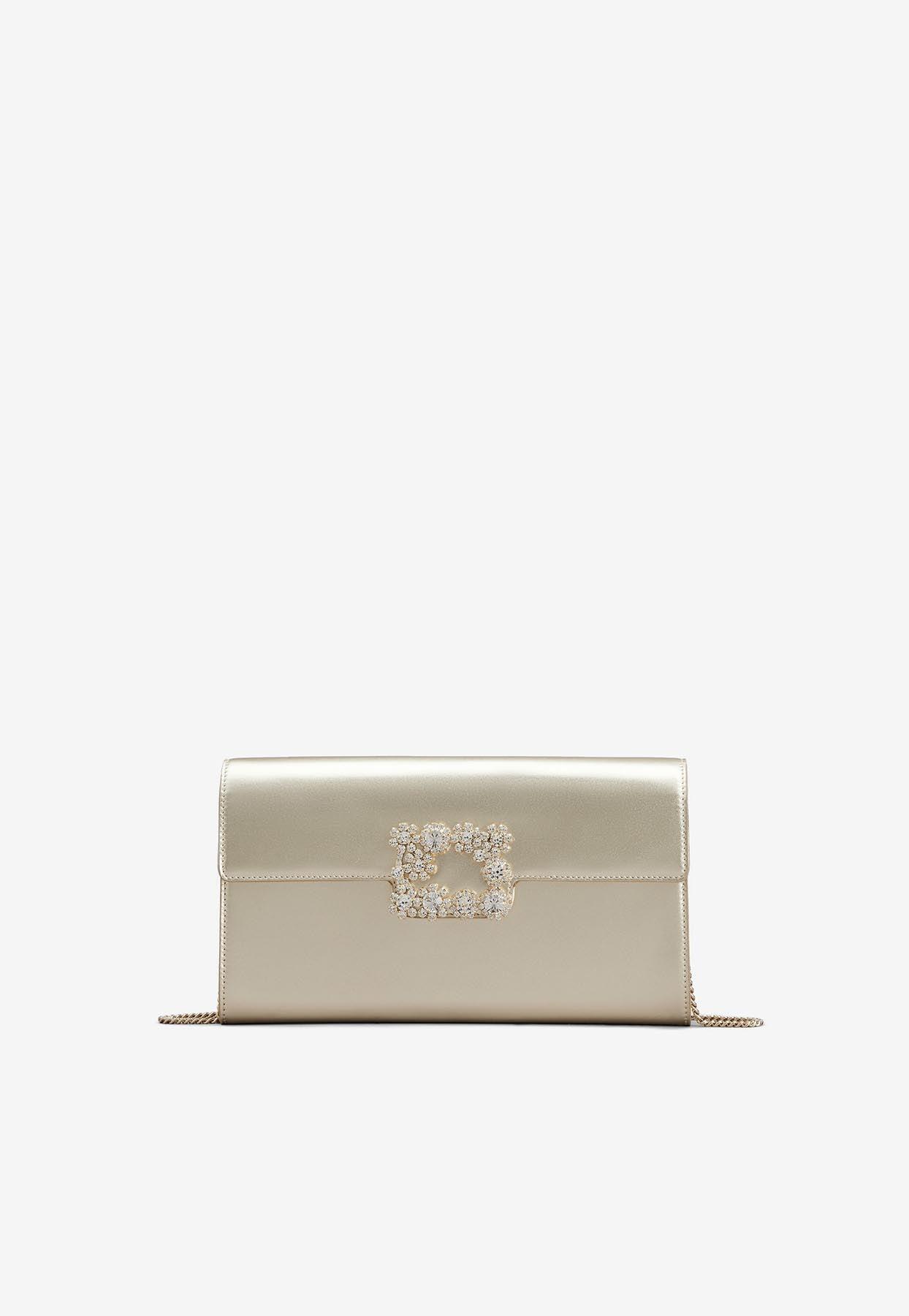 Crystal Flower Buckle Clutch in Metallic Leather