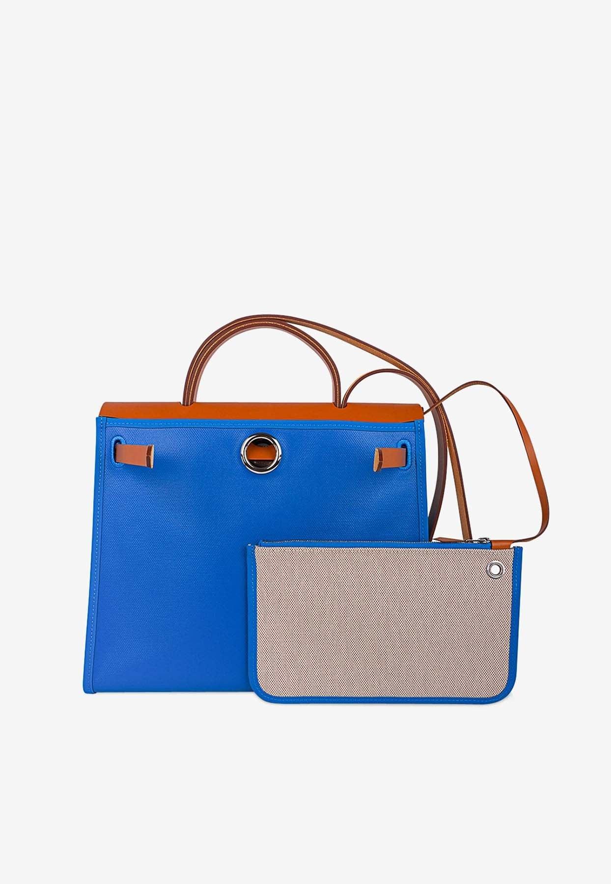 Herbag Zip Retourne 31 in Blue Frida Toile Berline and Vache Naturelle with Palladium Hardware