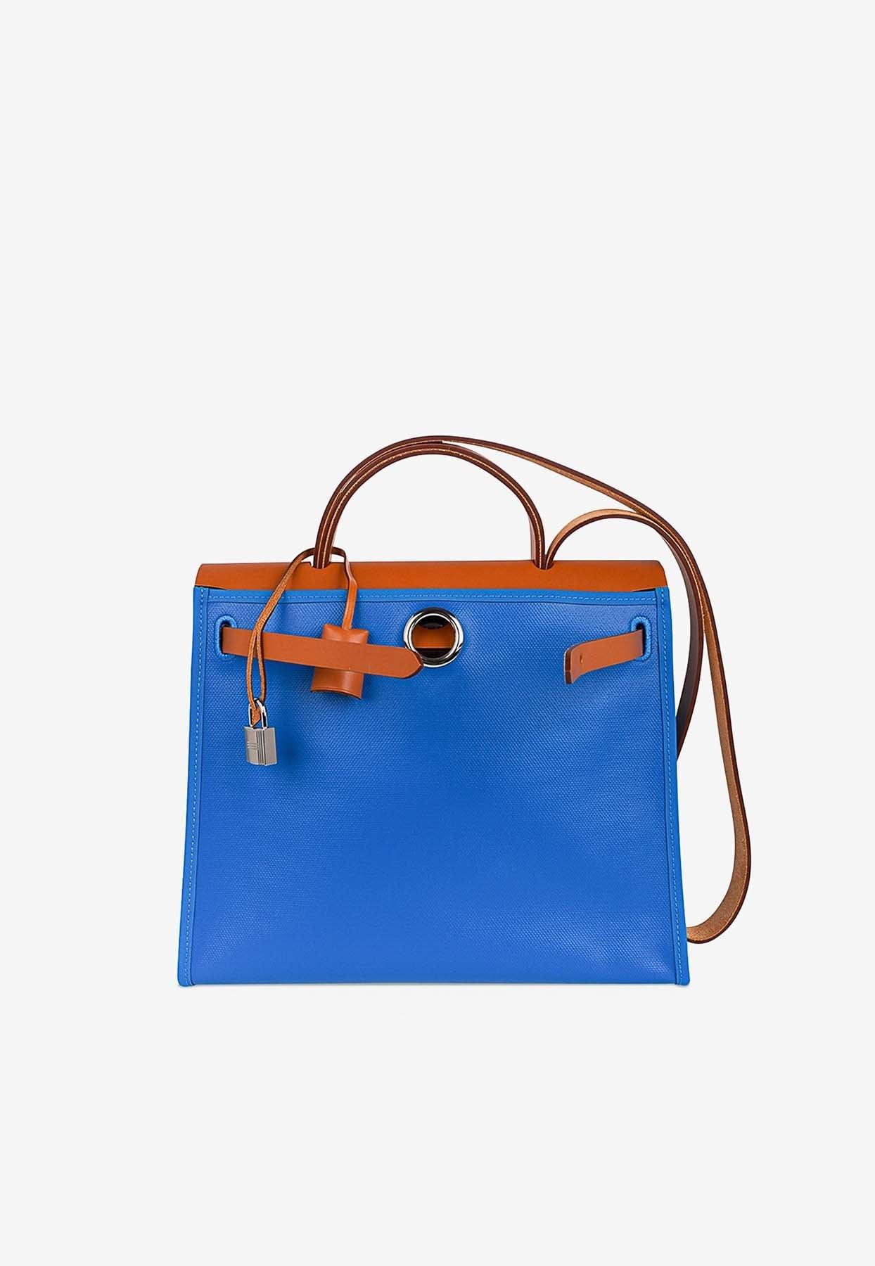 Herbag Zip Retourne 31 in Blue Frida Toile Berline and Vache Naturelle with Palladium Hardware