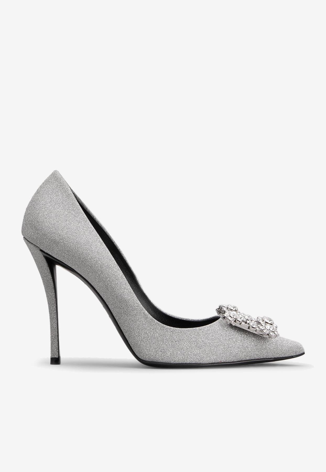 100 Crystal Flower Buckle Pumps in Glitter Fabric