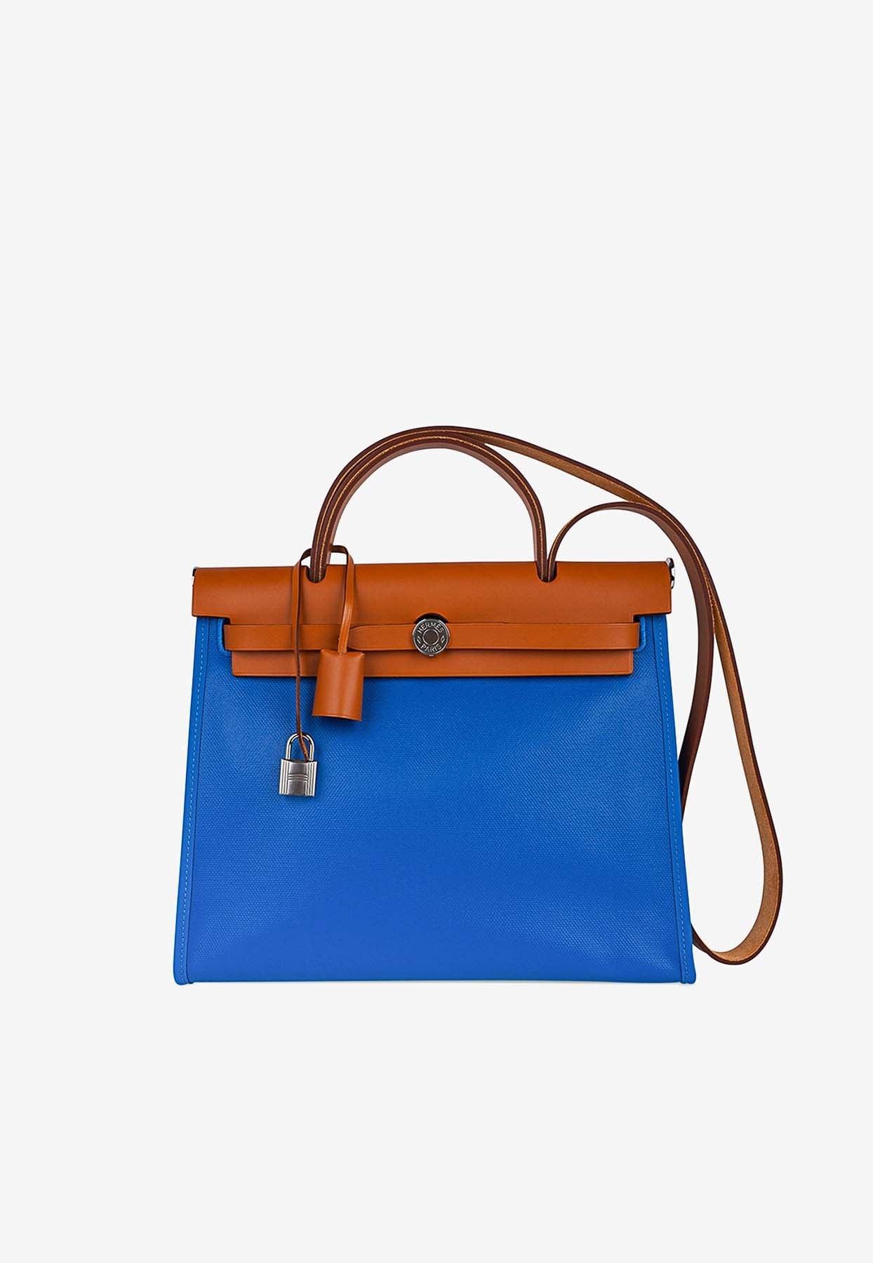 Herbag Zip Retourne 31 in Blue Frida Toile Berline and Vache Naturelle with Palladium Hardware