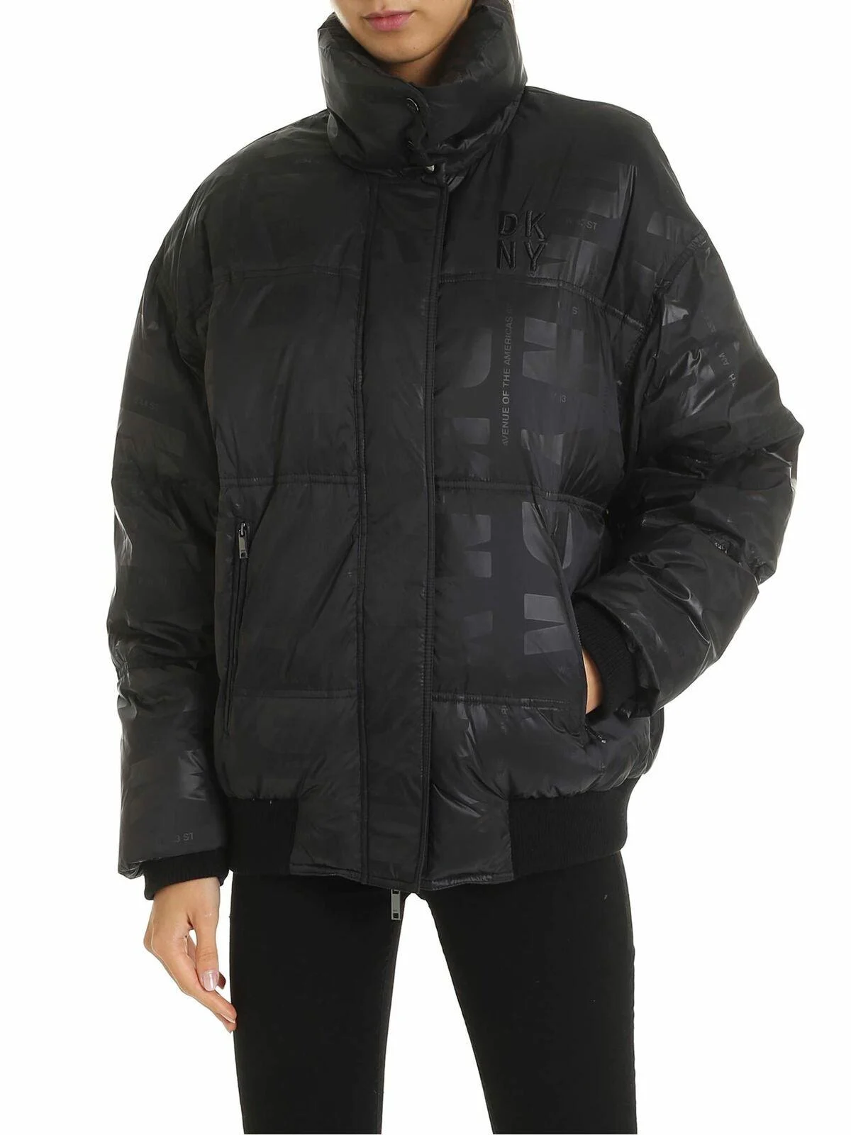 Down jacket with logo prints in black