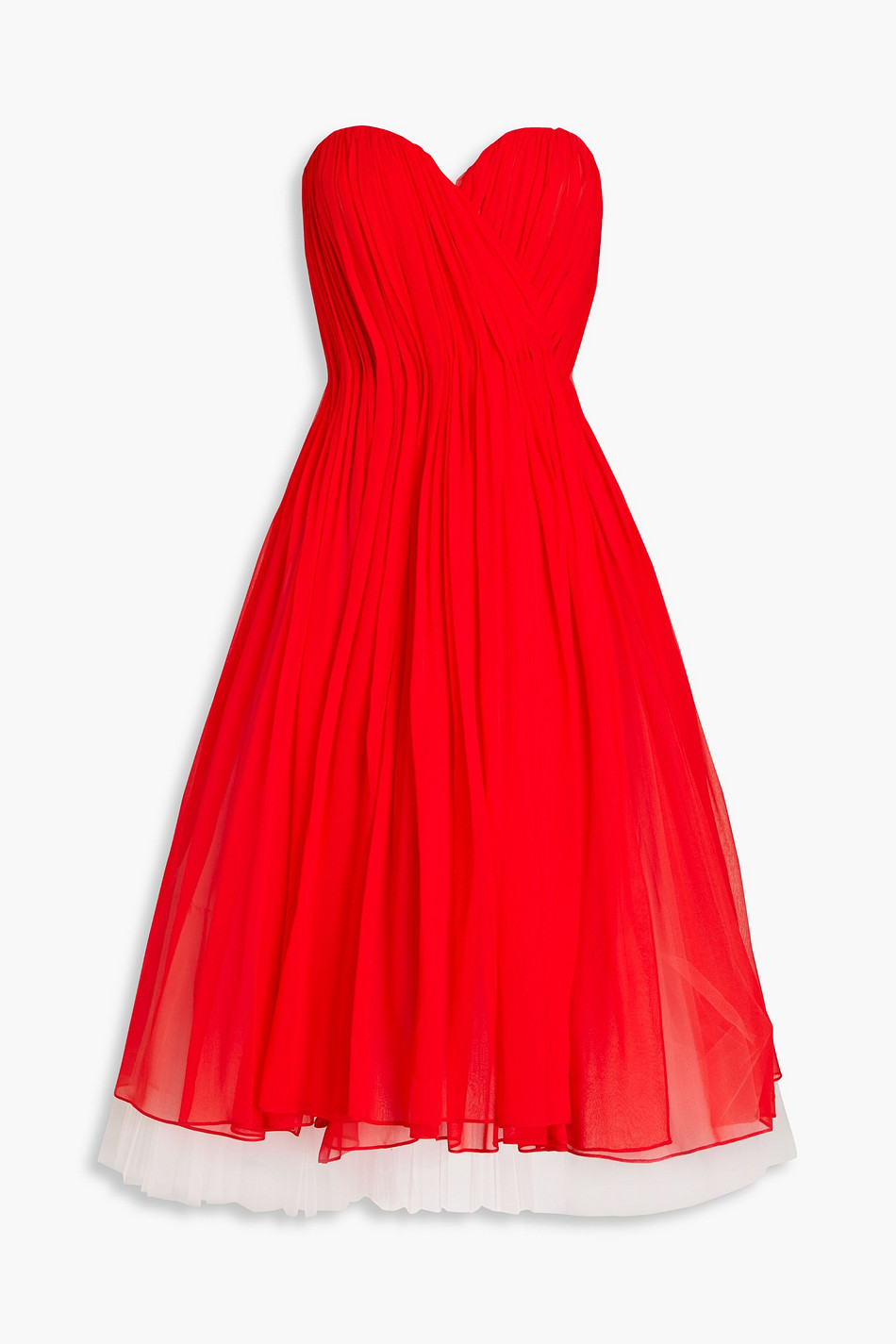 Strapless plissé silk-chiffon and tulle midi dress