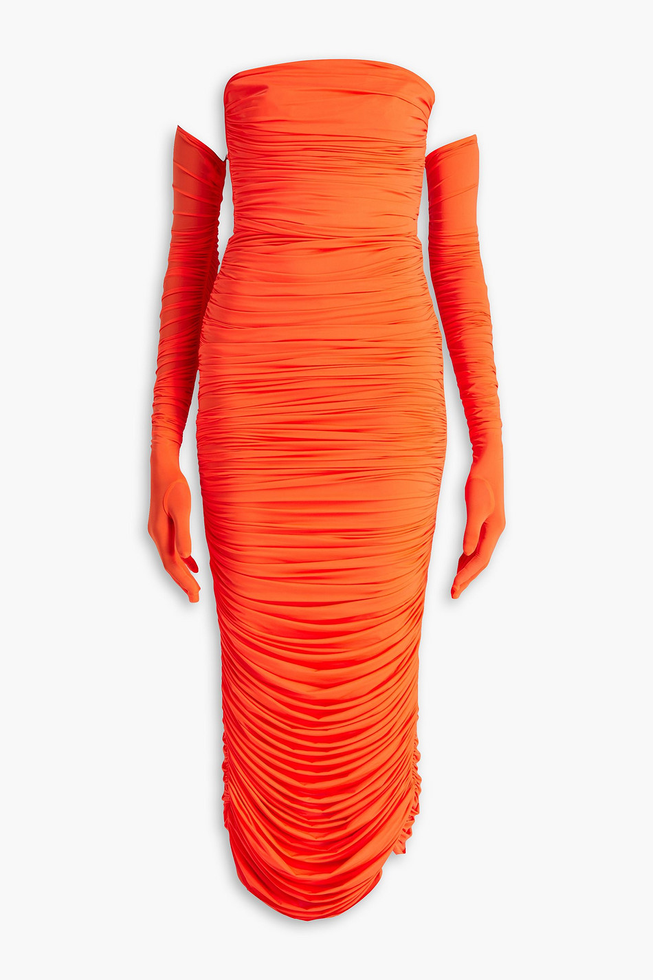 Strapless ruched neon stretch-jersey midi dress