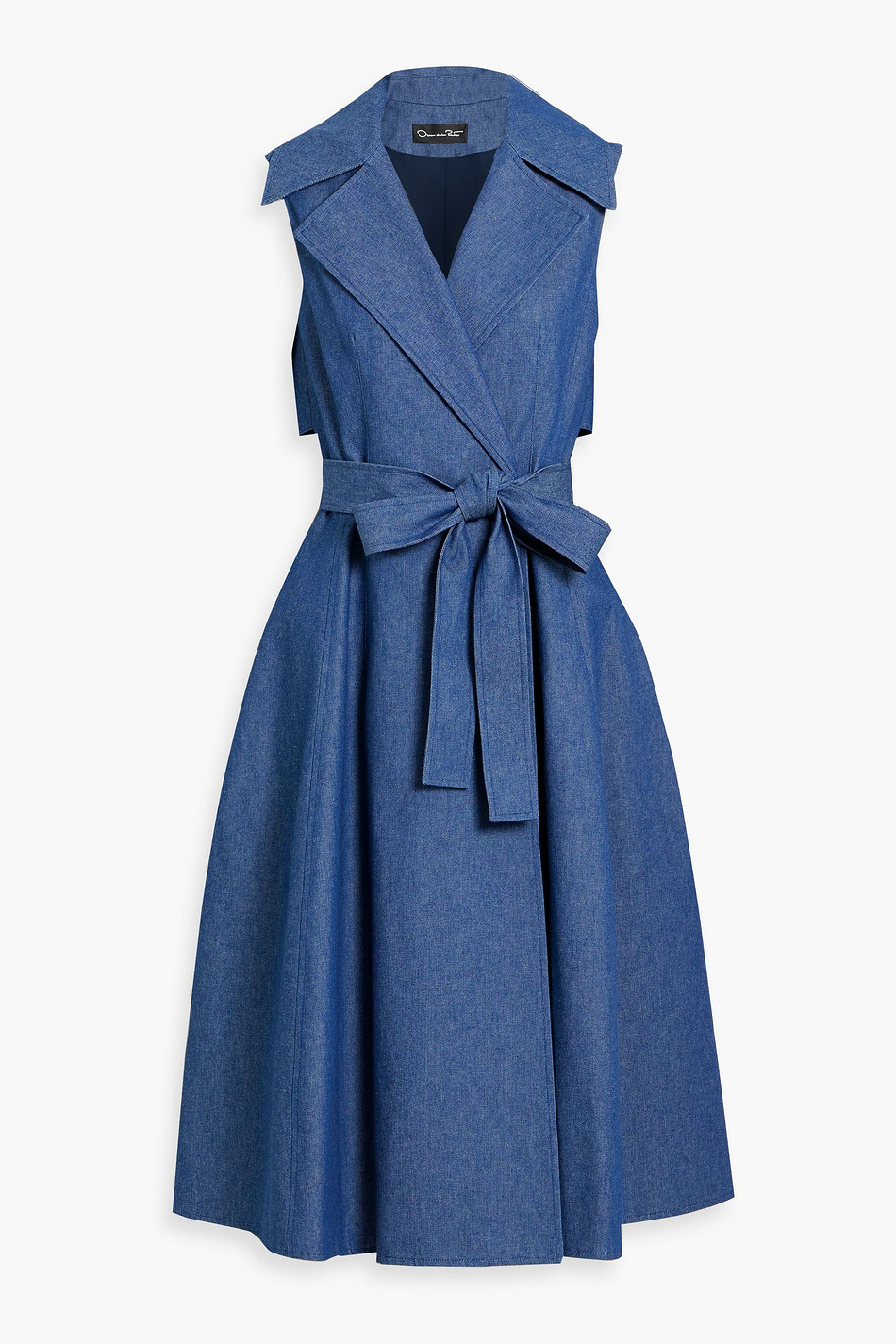 Belted wrap-effect denim midi dress