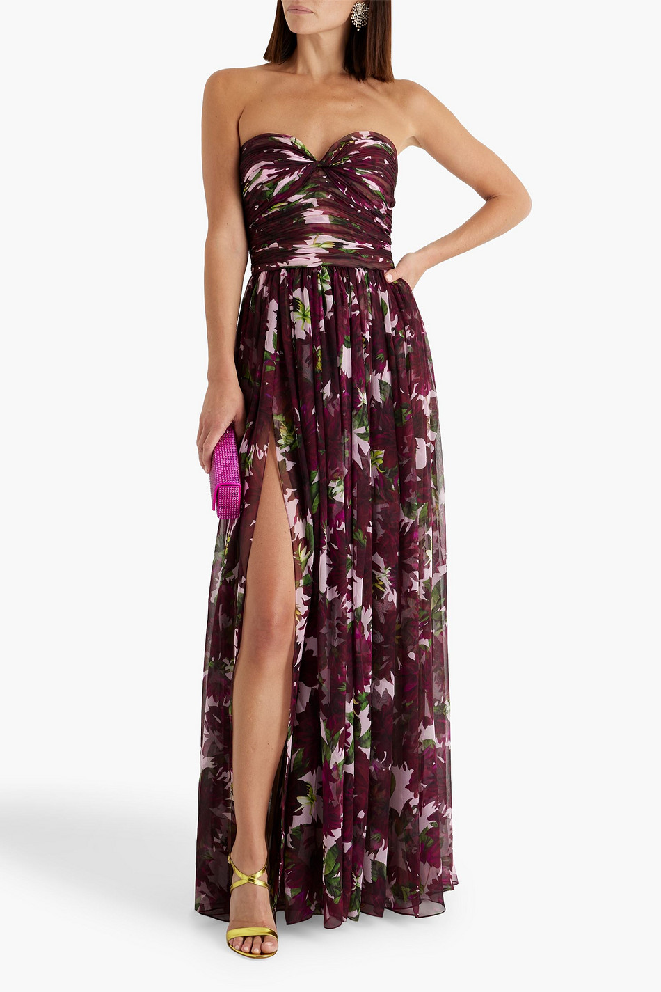 Strapless floral-print silk-chiffon gown